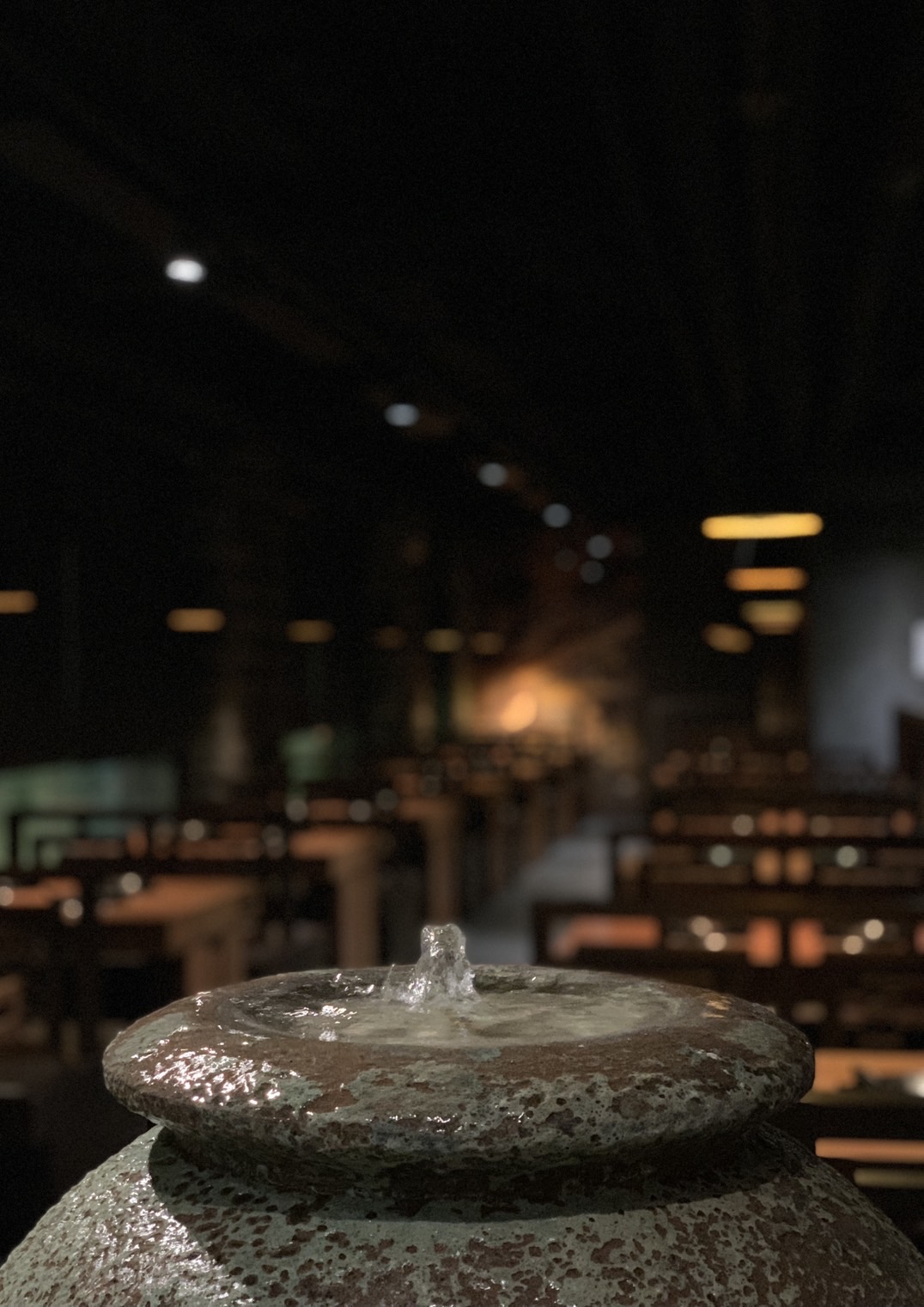 石缽湧泉與暖光木質座席的用餐空間
